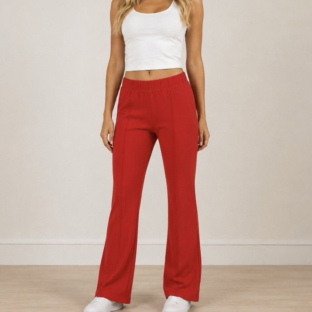 Tory Burch Sport Red Track Pants Women Large Flare Leg Stretch Pull On